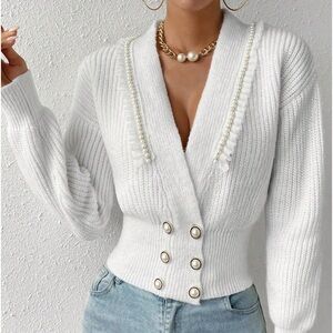 Women's  Pearls Beaded Drop Shoulder Double Breasted Cardigan